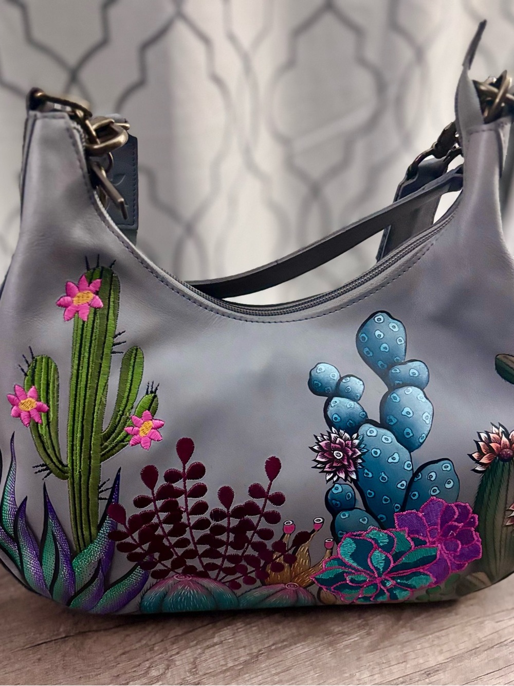 Anuschka Gray Hobo Bag with Multicolor Embroidered Cacti